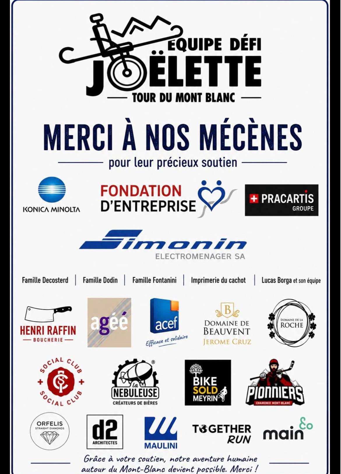 Affiche merci à nos mécènes — Tour du Mont-Blanc en Joëlette